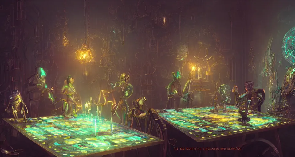 Prompt: a beautiful tapestry of a futuristic holographic chessgame, ultra detailed, atmospheric lighting, steampunk, moody, candles, characters from machinarium, by don bluth, trending on artstation, octane render, 8 k, ultra realistic