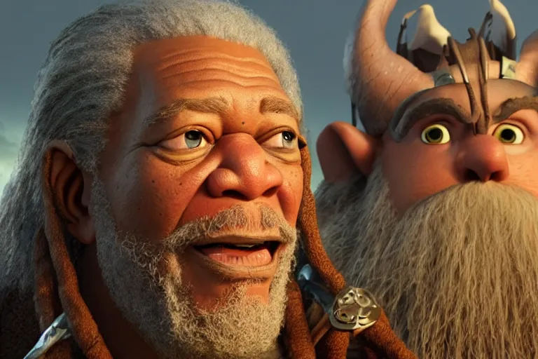 Prompt: morgan freeman starring as gimli in lord of the rings, still from a pixar movie, high quality 3 d render, movie, pixar, renderman, 4 k, artstation