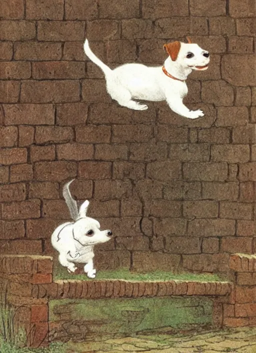 Image similar to jack russel terrier jumping from the ground over a brick fence, illustrated by peggy fortnum and beatrix potter and sir john tenniel
