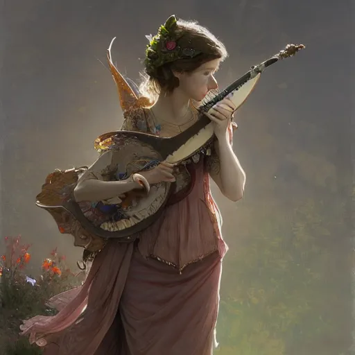 Image similar to elf fairy bard with a lute, art supplies in bag, wearing a cardigan, blonde, highly detailed, intricate, digital painting, artstation, sharp focus, illustration, art by jakub rozalski, greg rutkowski, artgerm, tan zi and ayanamikodon and alphonse mucha and wlop