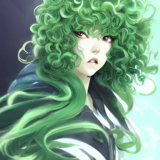 Image similar to detailed portrait art of tatsumaki with green curly hair, art by ross tran ilya kuvshinov krenz cushart, very detailed, intricate, digital anime art, sharp focus