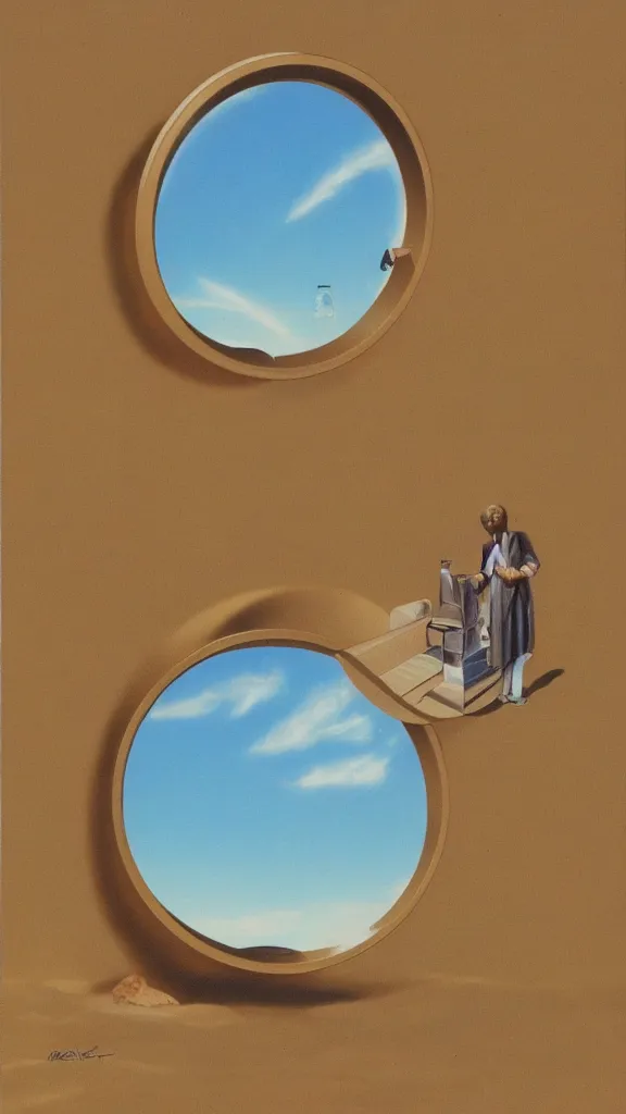 Image similar to 1 9 8 0 s airbrush surrealism illustration of a mirror in desert