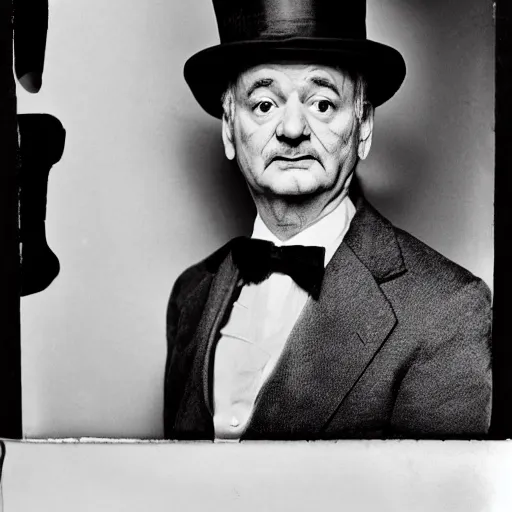 Image similar to black and white mugshot, bill murray, he is wearing a top hat, wearing bandit mask