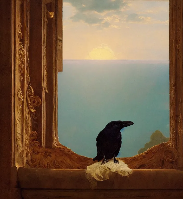 Image similar to a beautifully weird funny cheeky photoreal clear detailed victorian portrait of a close up raven on a victorian windowsill with an ornate velvet dark teal curtain at beautiful sunset daytime nature sunlit painting by frederic leighton and turner and morris and rosetti, 8 k, octane render