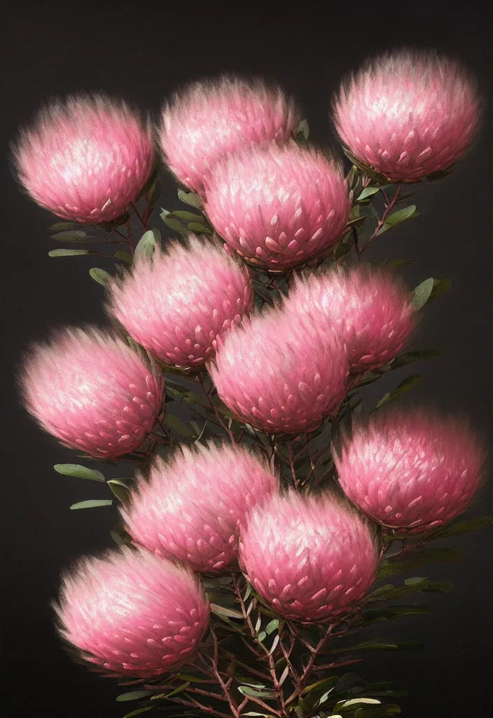 Prompt: detailed pink and white proteas against a black backdrop by ivan aivazovsky, detailed brush strokes, oil painting,, muted colours, artstation