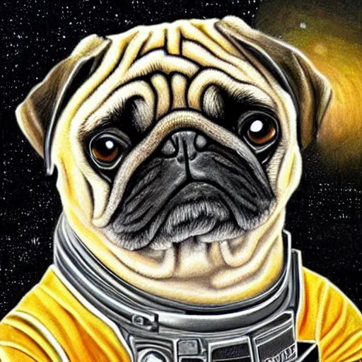 Prompt: pencil art, golden - ratio, spirals, highly detailed, astronaut pug in outer space painted by davinci.