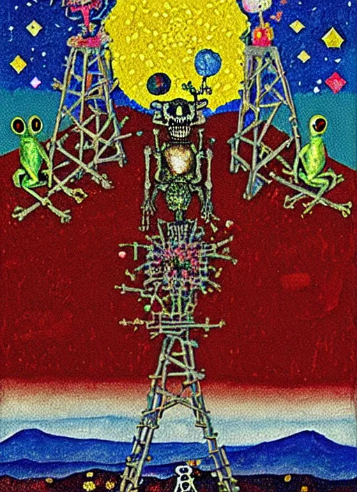 Image similar to pixel decollage painting tarot lovers card composition tower of babel road red armor maggot bear and wonky alien frog skeleton knight on a horse in a dark red cloudy night sky with golden foil jewish stars and diamonds, mountain lake and blossoming field in background, painted by Mark Rothko, Helen Frankenthaler, Danny Fox and Hilma af Klint, pixelated, neo expressionism, semi naive, pastel colors, cinematic, color field painting, cave painting, voxel, pop art look, outsider art, minimalistic. Bill Traylor painting, part by Philip Guston, Amano and Francis Bacon. art by Adrian Ghenie and Storm Thorgerson, very coherent symmetrical artwork, cinematic, hyper realism, high detail, octane render, unreal engine, Smooth gradients, depth of field, full body character drawing, extremely detailed, 8k, extreme detail, intricate detail, masterpiece