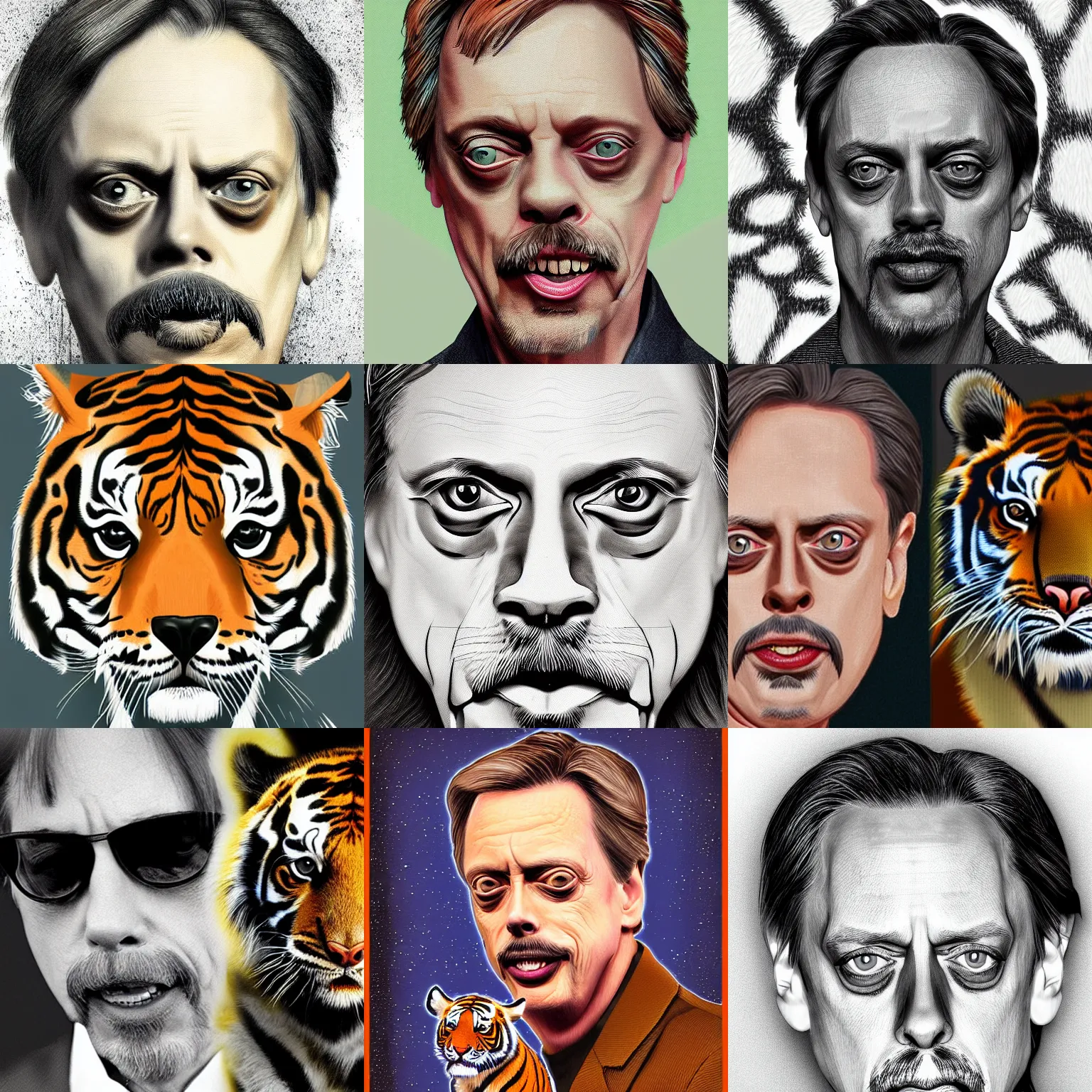 Prompt: a detailed digital art of Steve Buscemi with a tiger's face