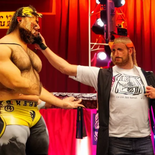 Image similar to professional wrestler rambo funk, being interviewed on stage. award winning photo. 8 k.