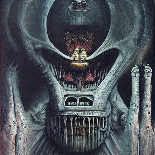 Image similar to space pazuzu, oil painting by giger, mobius and beksinski