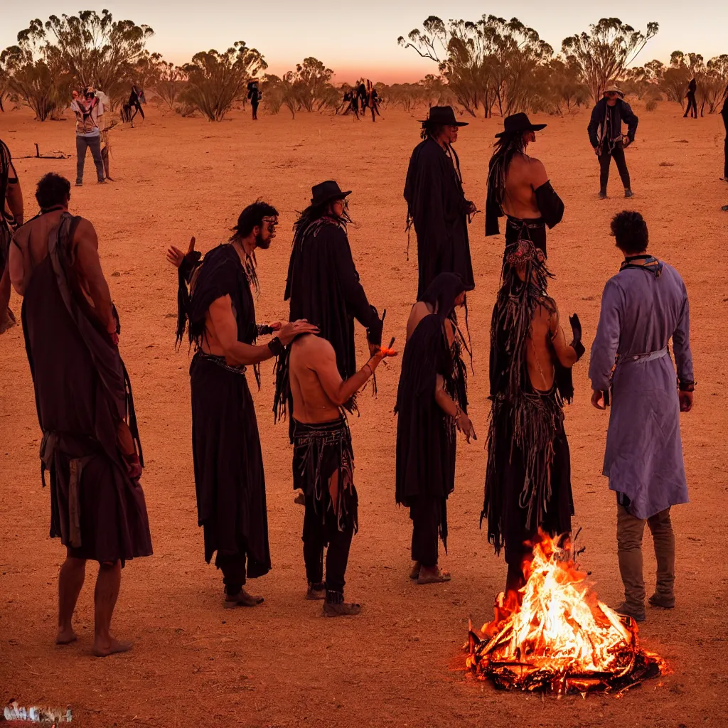 Image similar to atmospheric photograph of three ravers, two men, one woman, woman is in a trenchcoat, blessing the soil at night, seen from behind, fire circle, two aboriginal elders, dancefloor kismet, diverse costumes, clean composition, desert transition area, bonfire, atmospheric night, australian desert, symmetry, sony a 7 r