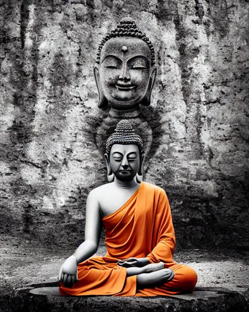 Image similar to contented peaceful female buddha, praying meditating, in a scenic environment, portrait photograph by peter coulson