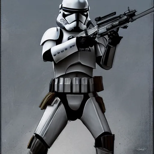 Image similar to an extremely long shot of an imperial stormtrooper in battle position ready to shoot his blaster concept art by Doug Chiang cinematic, realistic painting, high definition, very detailed, extremely high detail, photo realistic, concept art, the Mandalorian concept art style