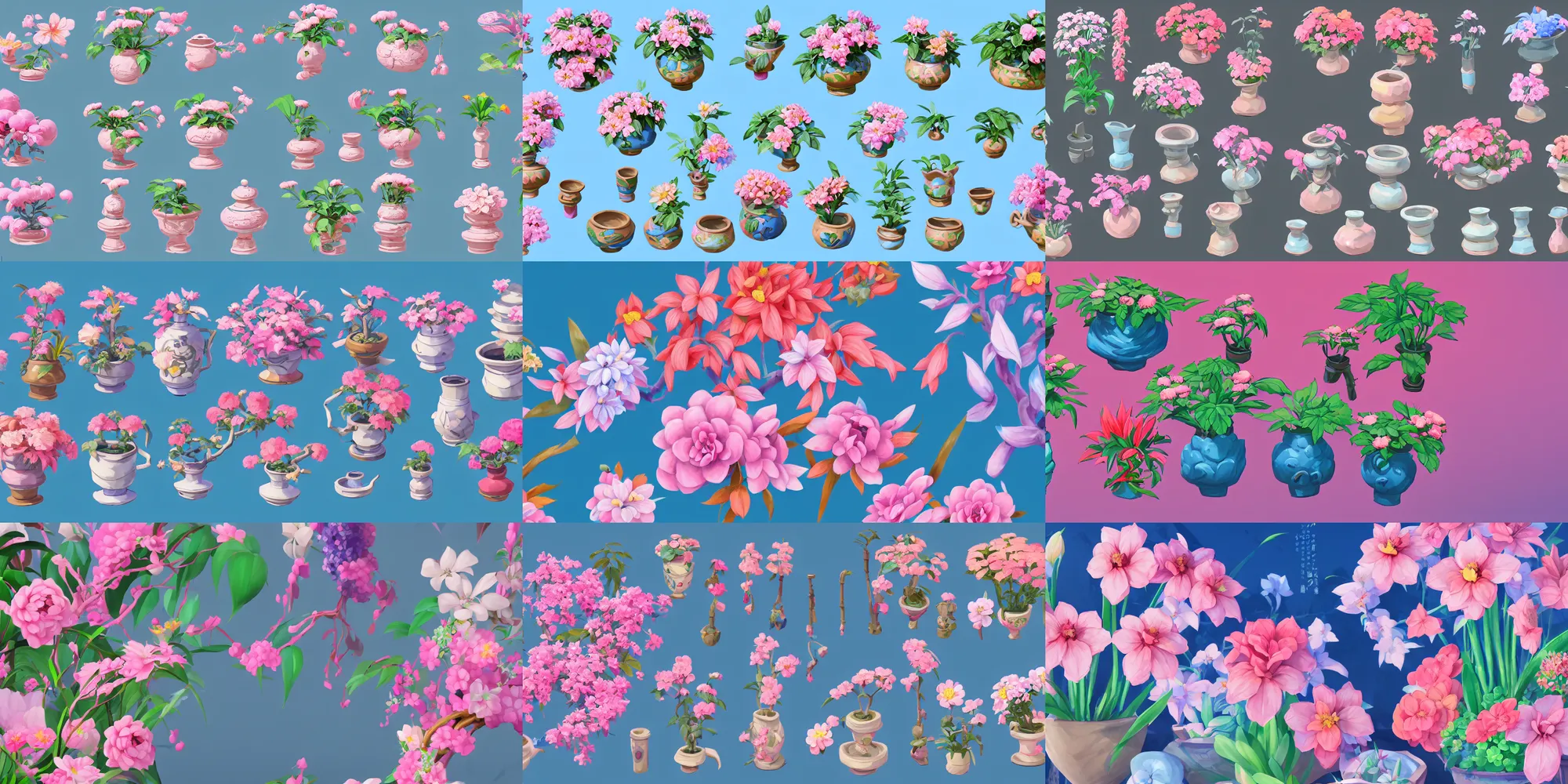 Prompt: game asset of exotics japanese pots of flowers and plants, in gouache detailed paintings, props, stylized, 2 d sprites, kitbash, arcane, overwatch, blue and pink color scheme, 8 k, close up