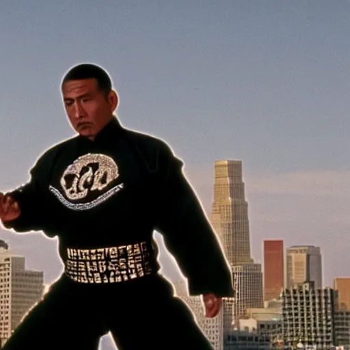 Image similar to Film still of Los Angeles Vice Squad (1990). Epic kung-fu villian scene. Sigma 85mm f/8