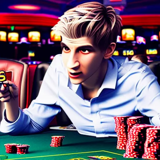 Image similar to film still of xqc gambling in Vegas, 4k, photorealism, artstation style