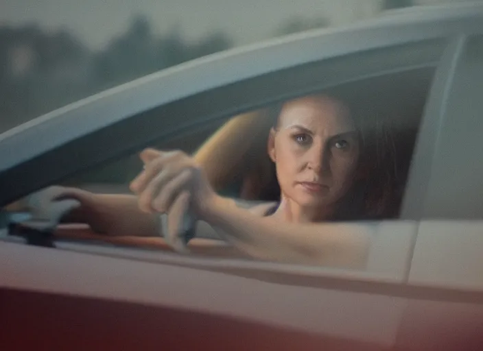 Image similar to determined woman driving a car, cinematography by Denis Villeneuve, watercolors by John James Audubon, shot for IMAX, mood lighting, depth of field, interior shot