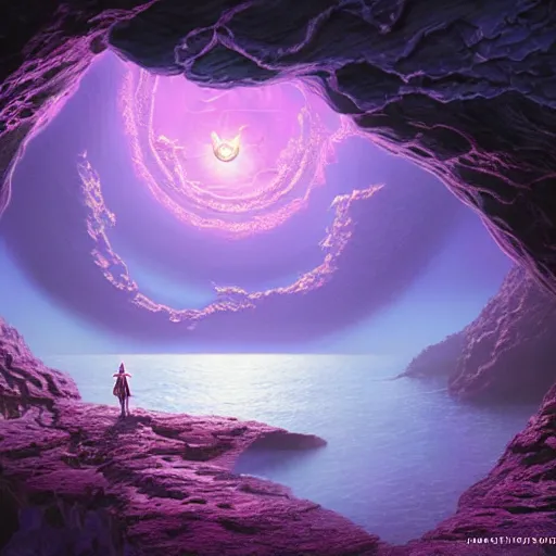 Image similar to a scary glowing purple portal to another world in darwin's arch, ocean and rock landscape, d & d, fantasy, intricate, elegant, highly detailed, digital painting, artstation, concept art, matte, sharp focus, illustration, art by hayao miyazaki and hideo kojima