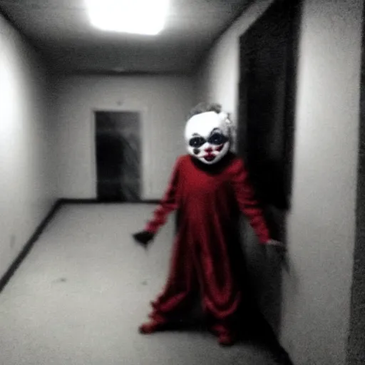 Prompt: terrifying clown in the corner of a dark room, creepypasta, blurry camera photo