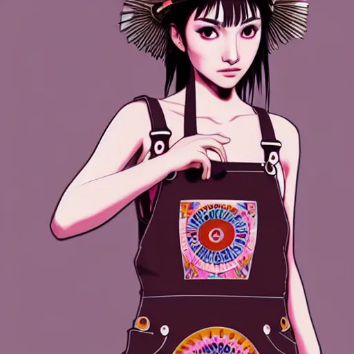 Image similar to a beautiful young japanese natalie portman alluring gravure model, anime art, wearing elegant designer overalls, elegant overalls with mesoamerican patterns, mesoamerican native street fashion, princess mononoke, painted by jamie hewlett and ashley wood, aesthetic, gorgeous, stunning, alluring, attractive, artstation, pinterest, digital art