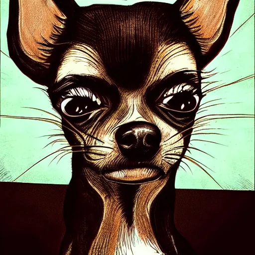 Image similar to a dark brown chihuahua, hyper detailed, in the style of junji ito and berserk, selfie shot straight on angle