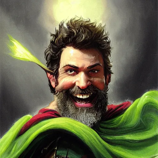 Image similar to beautiful portrait painting of a very short and small male halfing bard with brown hair with some grey hairs, wearing very fancy green cape, full beard, ridiculous smile, from pathfinder, evil smirk, narcissist, self centered, casting fireball, painted by larry elmore, wayne reynolds, greg rutkowski, magic the gathering, dungeons and dragons, dishonored 2