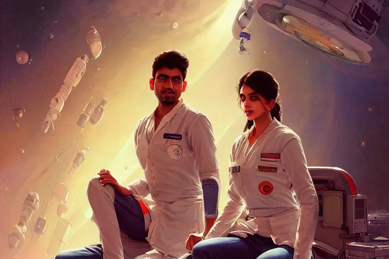 Image similar to Exhausted good looking pale young Indian doctors wearing jeans in a space station above Earth performing surgery, portrait, elegant, intricate, retrofuturistic digital painting, artstation, concept art, smooth, sharp focus, illustration, art by artgerm and greg rutkowski and alphonse mucha