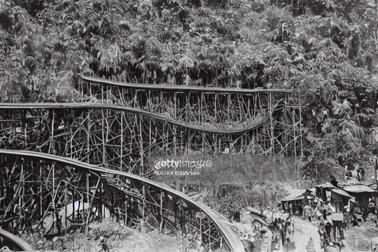 Image similar to a 1 9 0 5 colonial closeup photograph of a rollercoaster in a village at the river bank of congo, thick jungle, wide angle shot