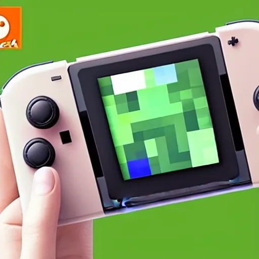Prompt: hand holding nintendo switch with heart icon on screen with minecraft background
