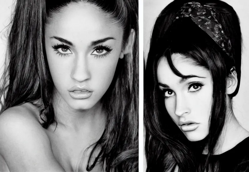 Image similar to award winning photo of Ariana Grande with Megan Fox, symmetrical face by Sally Mann & Arnold Newman