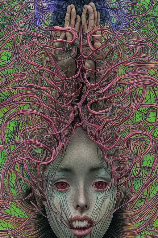 Image similar to Metamorphosis, Conjuring Psychedelic Illustration by Shintaro Kago, ultra realistic, highly detailed, beautiful detailed intricate insanely detailed octane render trending on Artstation, symmetrical, grotesque, 8K artistic photography,