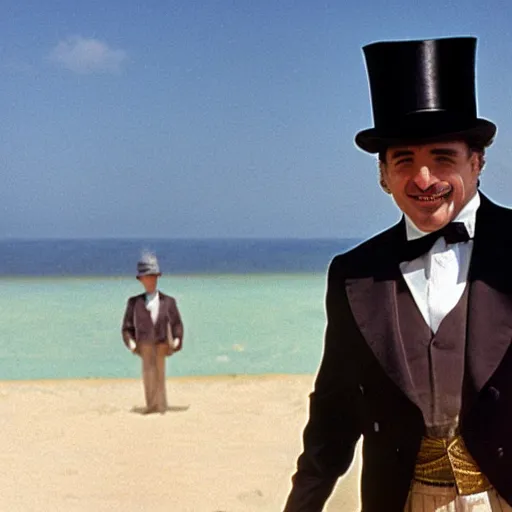 Prompt: the godfather wears a top hat and smiles. 5 0 mm, cinematic, technicolor. sea and beach and a man in the background.