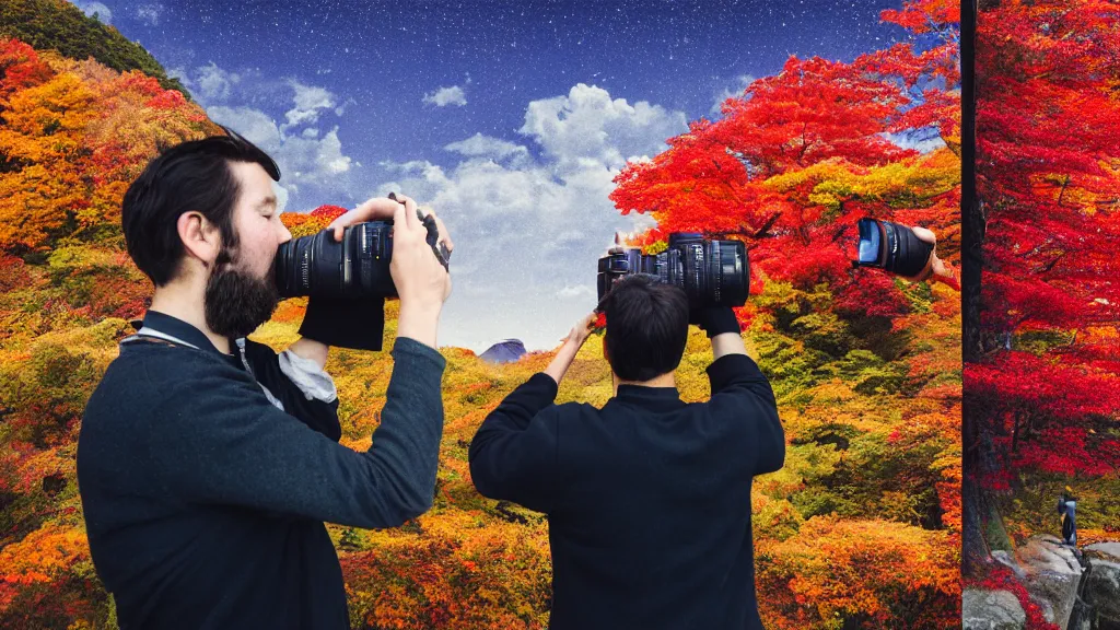 Image similar to portrait of a bearded german photographer holding up a dslr to take a photograph, at a vast temple under a vivid autumn sky, aomori japan, a collage painting, in the style of wes anderson, lola dupre, david hockney, isolated on negative white space background dark monochrome neon spraypaint accents volumetric octane render