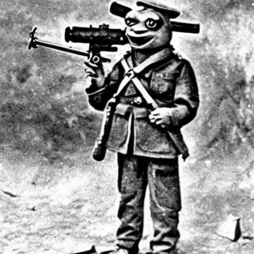 Image similar to old wartime photograph of crazy frog holding a lewis gun, 1 9 1 7