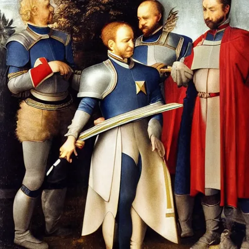 Image similar to starfleet uniform, a knight of the round table in starfleet uniform, by agnolo bronzino and giovanni bellini