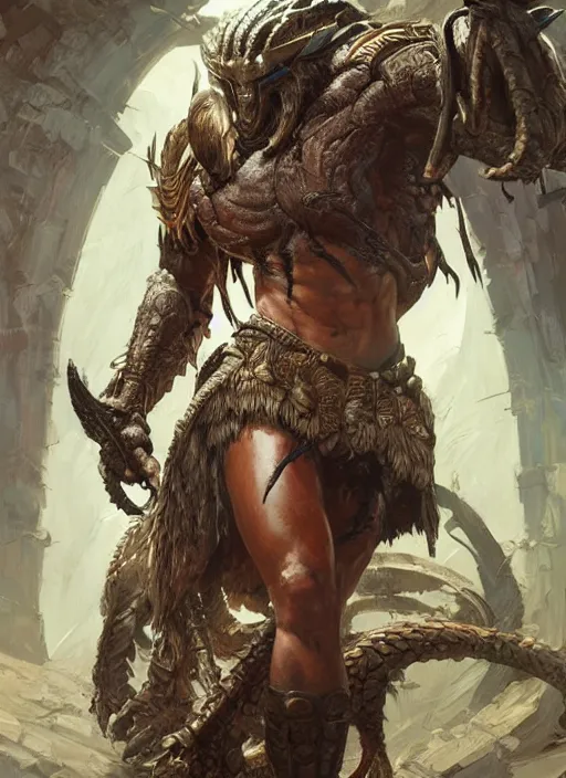 Image similar to The Predator, warrior scene, fantasy, intricate, elegant, highly detailed, digital painting, artstation, concept art, smooth, sharp focus, illustration, fine art by artgerm, greg rutkowski, alphonse mucha