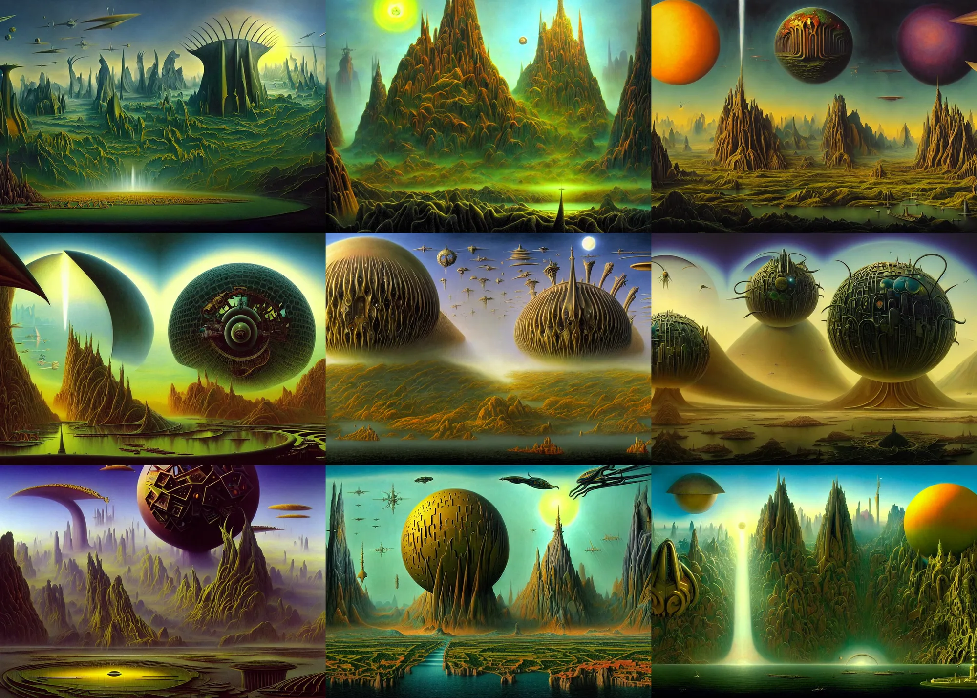 Prompt: a matte painting by Jim Burns and Noah Bradley and Heironymous Bosch and James Gurney of an advanced civilization with surreal architecture designed by Heironymous Bosch, mega structures inspired by Heironymous Bosch's Garden of Earthly Delights, glorious, surreal landscape, colorful, whimsical!!!, masterpiece!!, grand!, imaginative!!!, intricate details, sense of awe, elite, rich color palette, low contrast, featured on artstation, award winning