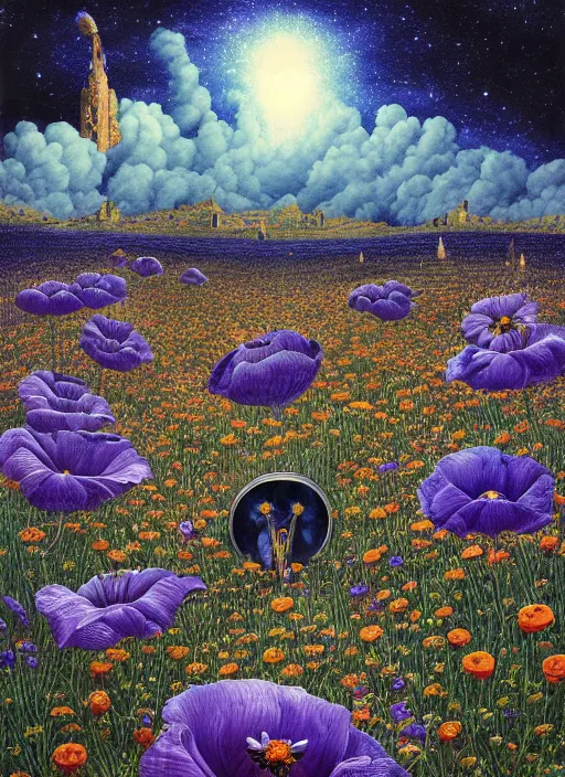 Image similar to detailed, intricate blue black and purple papaverum flower on the field, nebula, galaxy in the sky, winning award masterpiece, fantastically beautiful, illustration, aestheticly inspired, jacek yerka, upscale with anguissola sofonisba work, artstation, 8 k