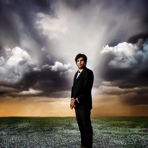 Prompt: Raj Koothrappali as Saul Goodman, promo poster, clouds in the background, cinematic light, 35 mm, film grain, movie, realistic, detailed face