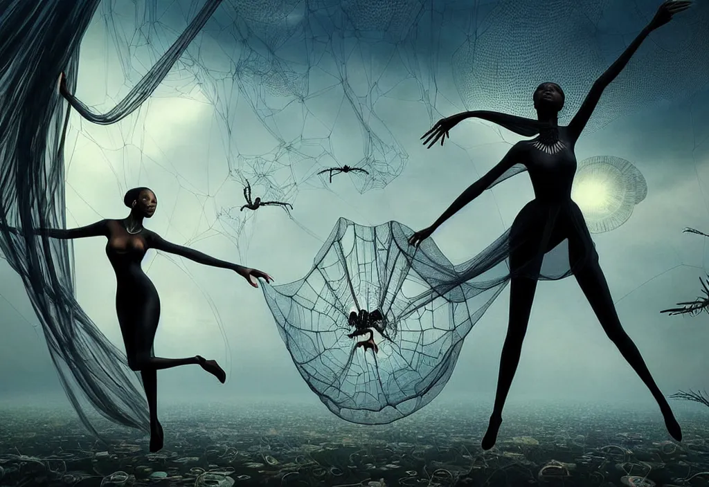 Prompt: realistic detailed portrait movie shot of a single beautiful black woman in a transparent sheer fabric dress dancing with a giant spider, futuristic sci fi landscape background by denis villeneuve, monia merlo, yves tanguy, ernst haeckel, alphonse mucha, max ernst, caravaggio, roger dean, sci fi necklace, masterpiece, dreamy, rich moody colours