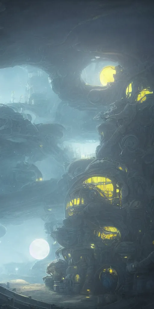 Prompt: Detailed exterior of the enemy moon base, yellow swirling dust planet, stunning atmosphere, in Style of Peter Mohrbacher, cinematic lighting