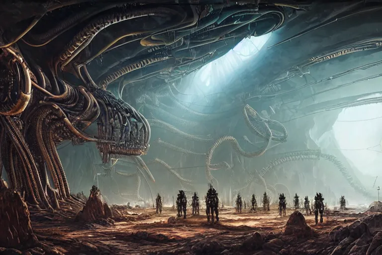 Prompt: Epic science fiction cavescape. In the foreground is soldiers in battle-armor searching, in the background alien machinery and alien eggs. The skeleton of a gigantic alien machine creature is between them. Stunning lighting, sharp focus, extremely detailed intricate painting inspired by H.R. Giger and Simon Stalenhag