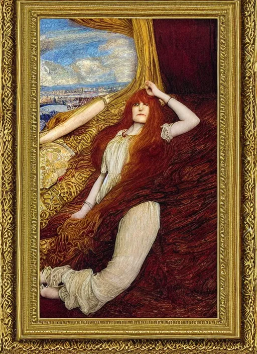 Prompt: preraphaelite portrait photography masterpiece florence welch reclining on bed, william holman hunt, ford madox brown, brown hair fringe, yellow ochre ornate medieval dress, william morris, framed 4 k