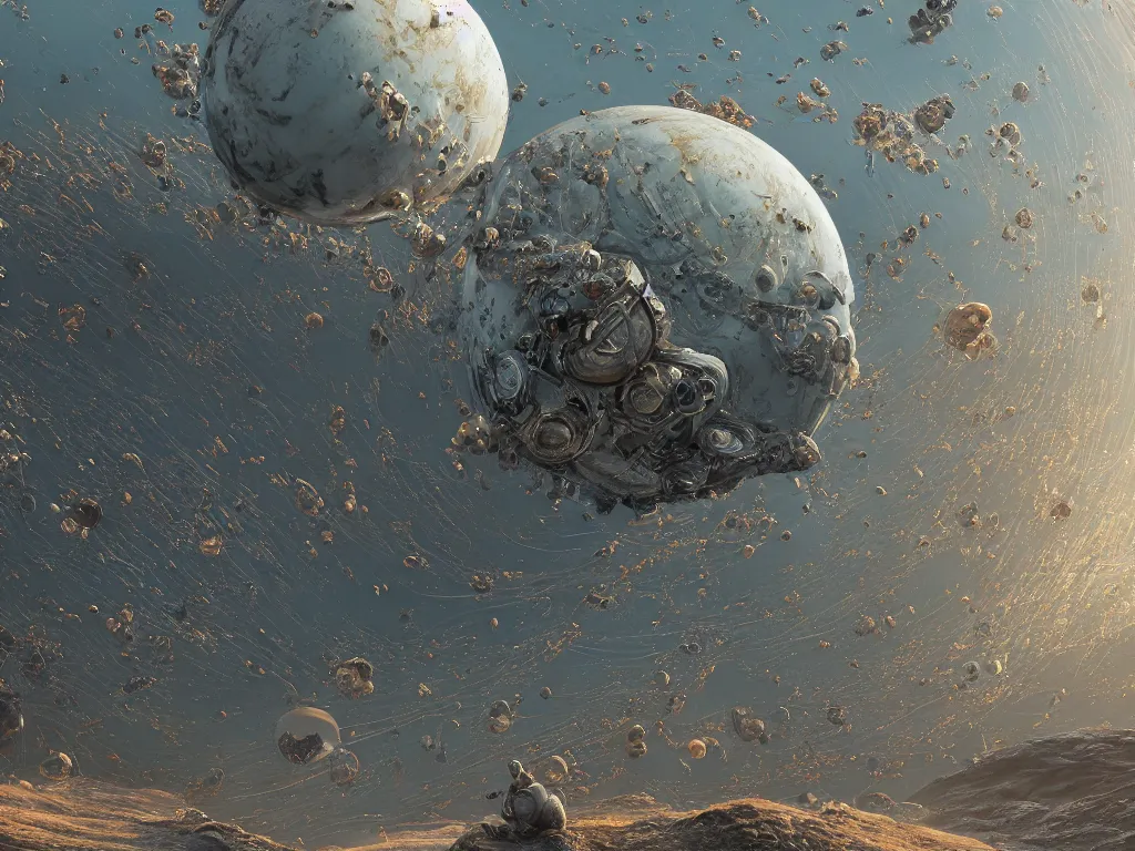 Prompt: dream of an intricate planet landscape with dischroic colorful sphere levitating ior painting photography ultra realism full landscape + ultra - hd + weta digital + intricate details + micro detail + vray + cinematic + sharpened + vfx + bleak and gray + volumetric bright lights + syd mead style + insane detail + denoise + 8 k hyper realistic + octane render