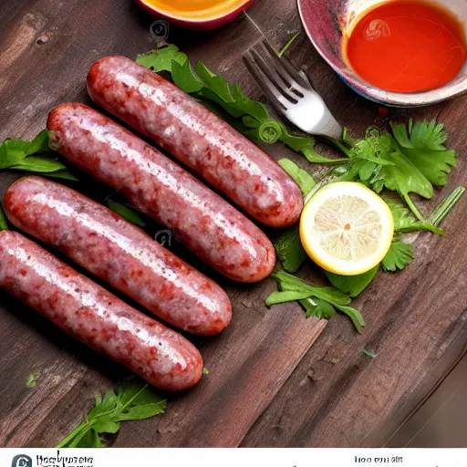 Prompt: boiled sausage image. image of food. plank. appetizer trail cam