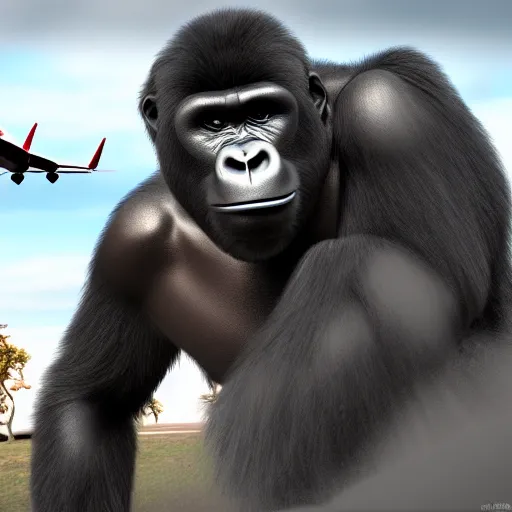 Image similar to giant gorilla destroying airplanes in a movie scene, ultra realistic unreal engine deviantart