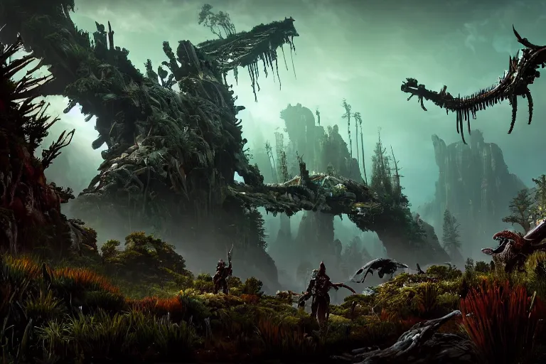 Image similar to wide epic shot from horizon forbidden west. a hyper detailed organic mechanic creatuve realistic similar look as horizon forbidden west horizon zero dawn, bioluminiscence in a dark deep forest at dawn in spring, with reflection and textures, by kilian eng, substance painter reaslitic mech surface metal painted scratches, world env from horizon forbidden west horizon zero dawn