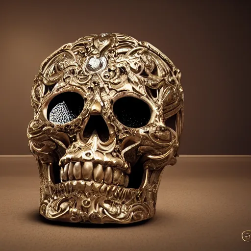 Image similar to a beautiful, ornate and intricate rococo skull with silver and gold details, inside a black rococo frame, 4k, octane render, vray, unreal engine, photorealistic