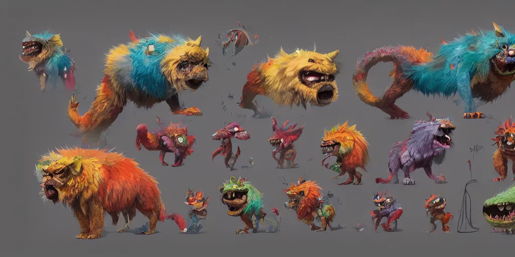 Image similar to big friendly furry monster design, colorful, character sheet, concept design, greg rutkowski, zabrocki, karlkka, jayison devadas, trending on artstation, 8 k, ultra wide angle, zenith view, pincushion lens effect