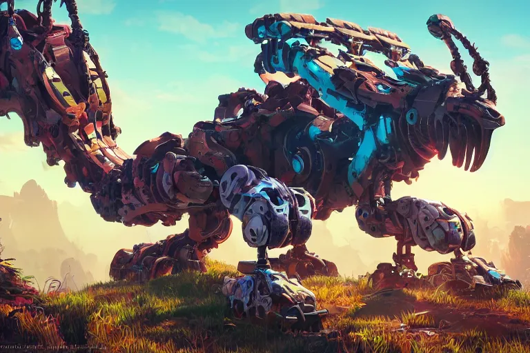 Image similar to clamberjaw machine mecanical creature robot of horizon forbidden west horizon zero dawn radiating a glowing aura global illumination ray tracing hdr fanart arstation by ian pesty and alena aenami artworks in 4 k